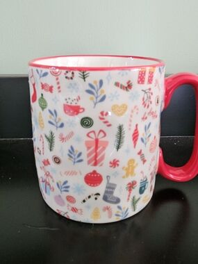 Christmas Festive Pattern Ceramic Mug - Red Handle